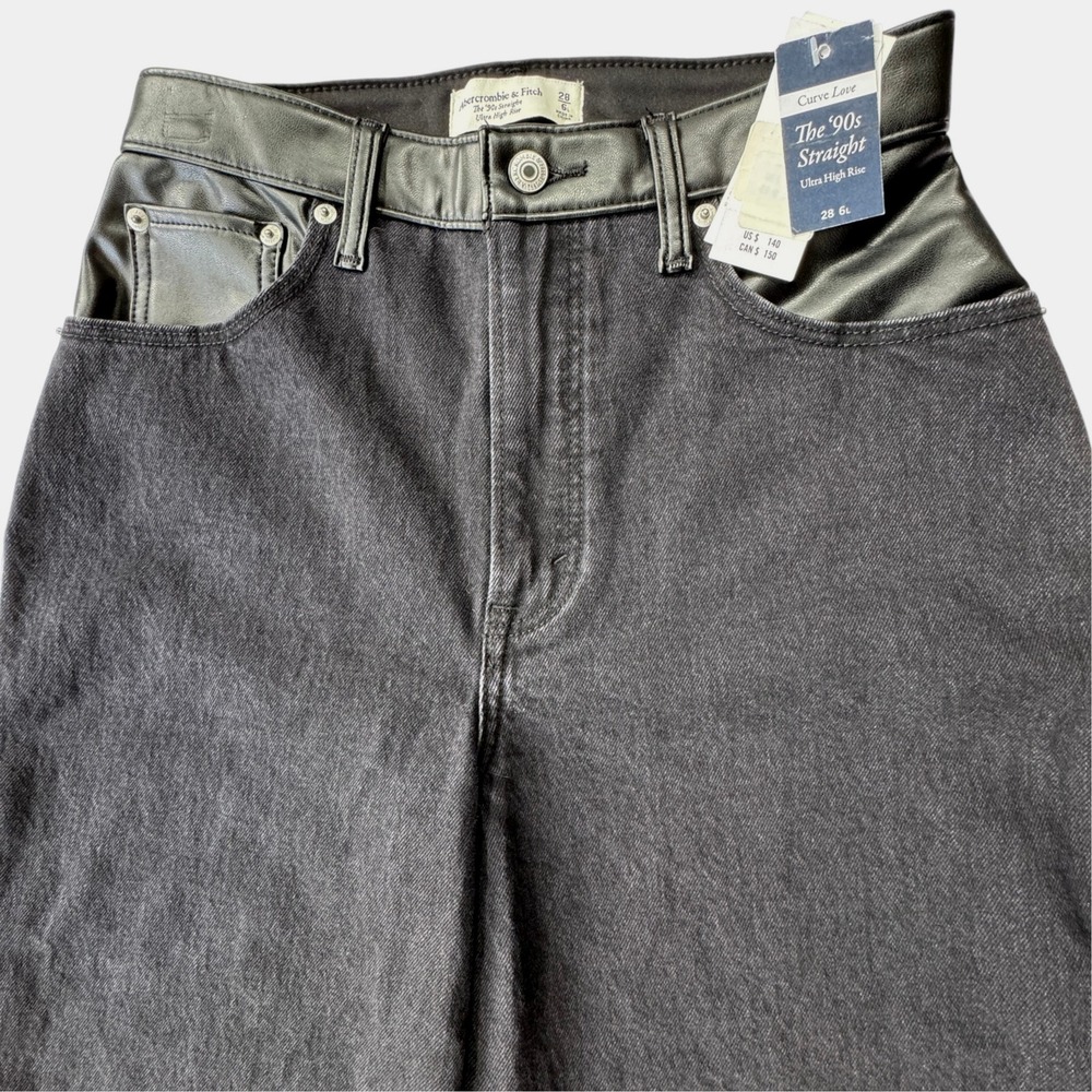 Abercrombie & Fitch Black 90s Straight Ultra High Rise Jeans Womens 6 Long NWT - Picture 4 of 16